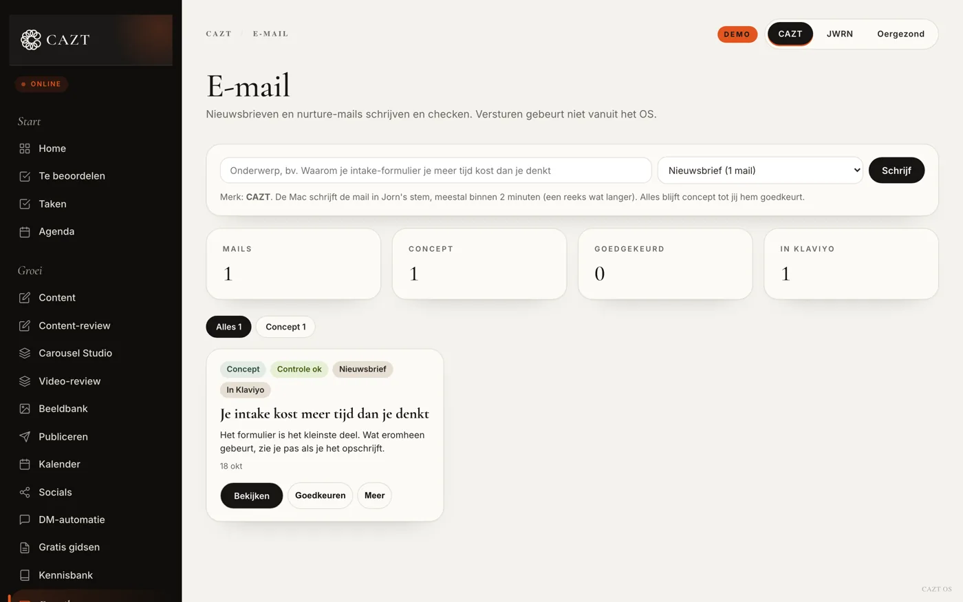 CAZT OS: nieuwsbrief als concept, met goedkeuren
