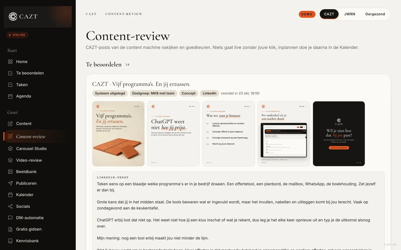 CAZT OS: carousel met slides en tekst, klaar om na te kijken