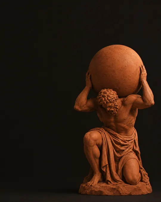 Terracotta beeld van Atlas die de wereld op zijn schouders draagt
