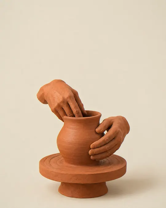Terracotta handen die een pot vormen op een draaischijf