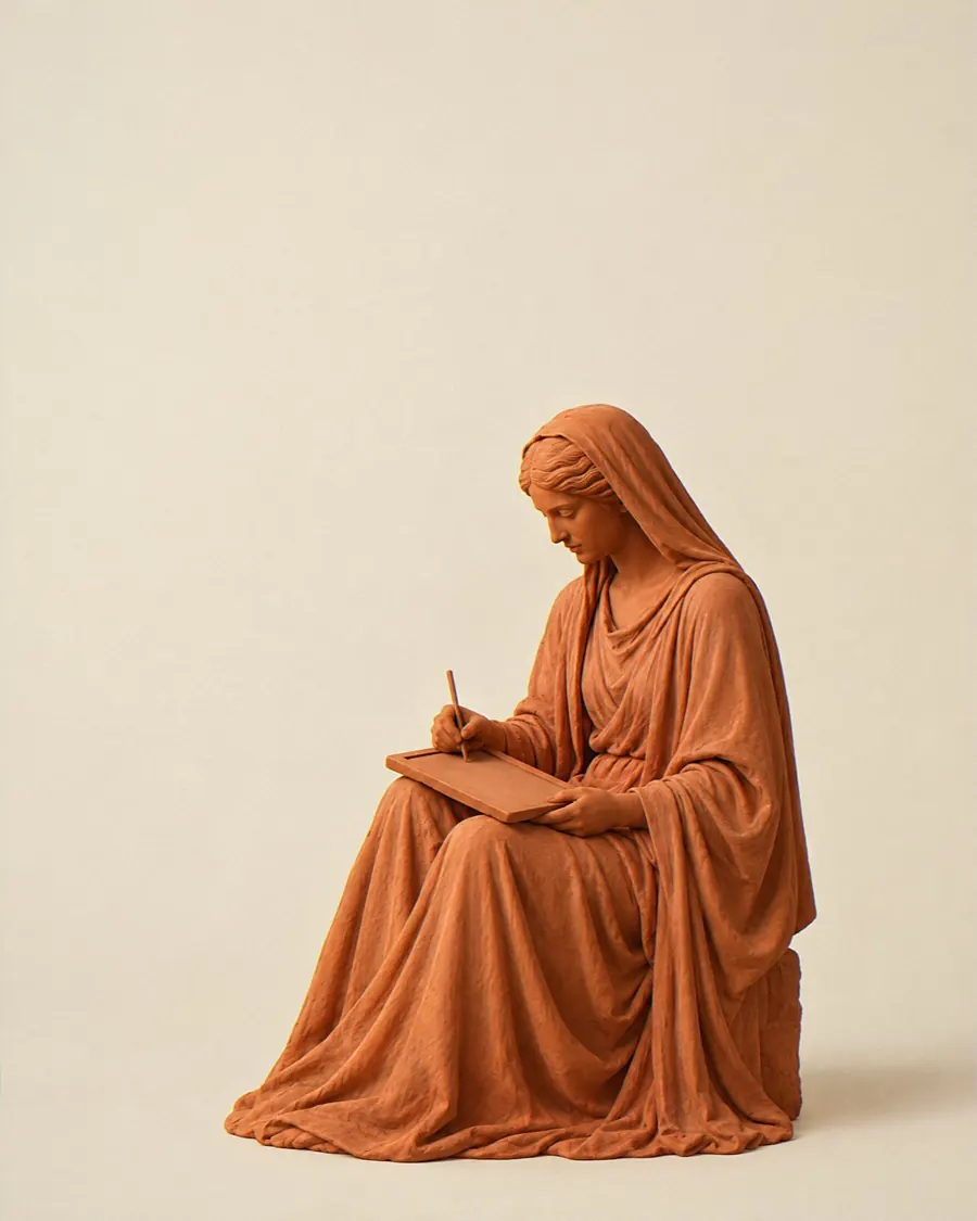 Terracotta beeld van een schrijvende vrouw